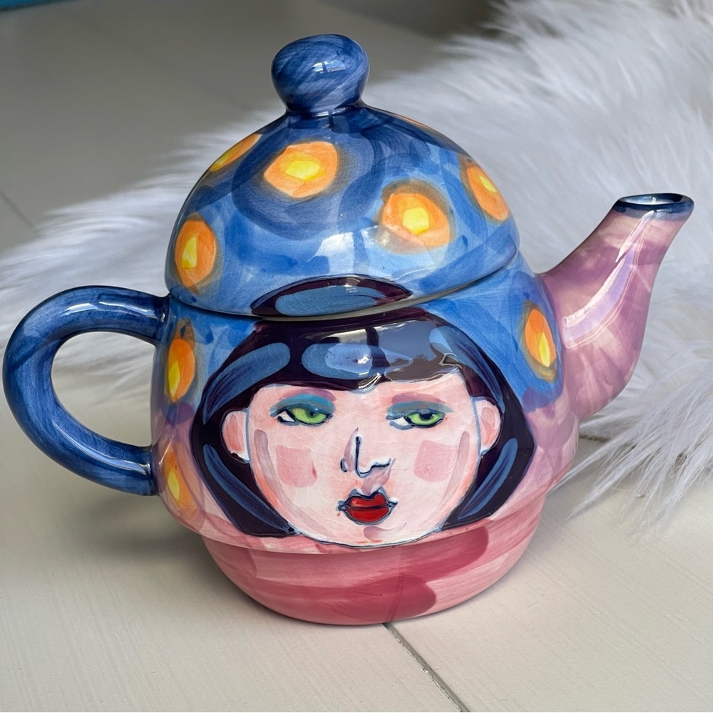 2 Piece Miniature  Denise Ford By Ganz Collection Tea Pot Deco Art Girl Face